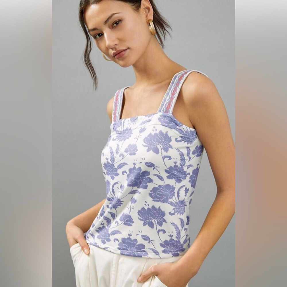 Anthropologie Aldo-Martens Ivory & Blue Floral Tank Top